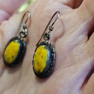 MT Sterling Silver Oval Dangling Bumble Bee Jasper Earrings Vintage